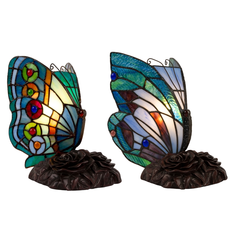 Tiffany Style Butterfly Lamp (Rounded Wings) Set, Vintage Stained Glass Desk Lamps