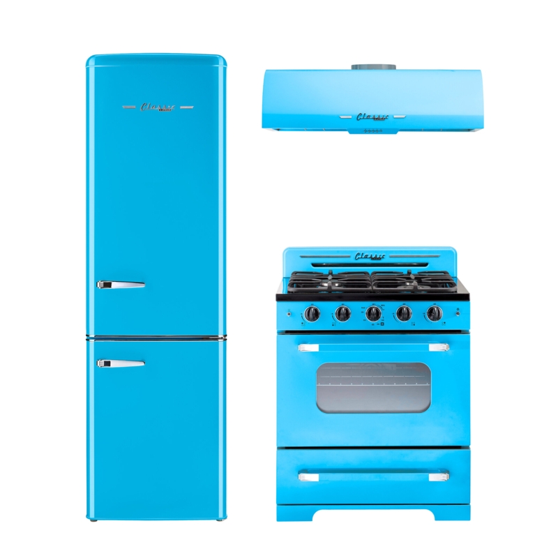 Unique Appliances Classic Retro 3 Piece Kitchen Appliance Package with Bottom Freezer Refrigerator , 24'' Gas Freestanding Range , and Under Cabinet Range Hood