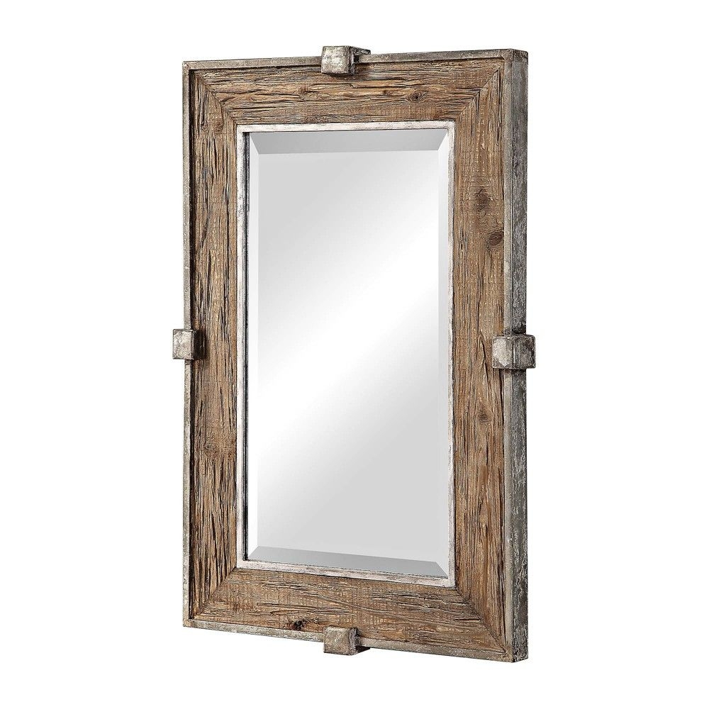 Uttermost Rectangular Vanity Accent Wall Mirror Rustic Beveled Natural Weathered Wood Silver Iron Frame 25 1/4" Wide for Bathroom