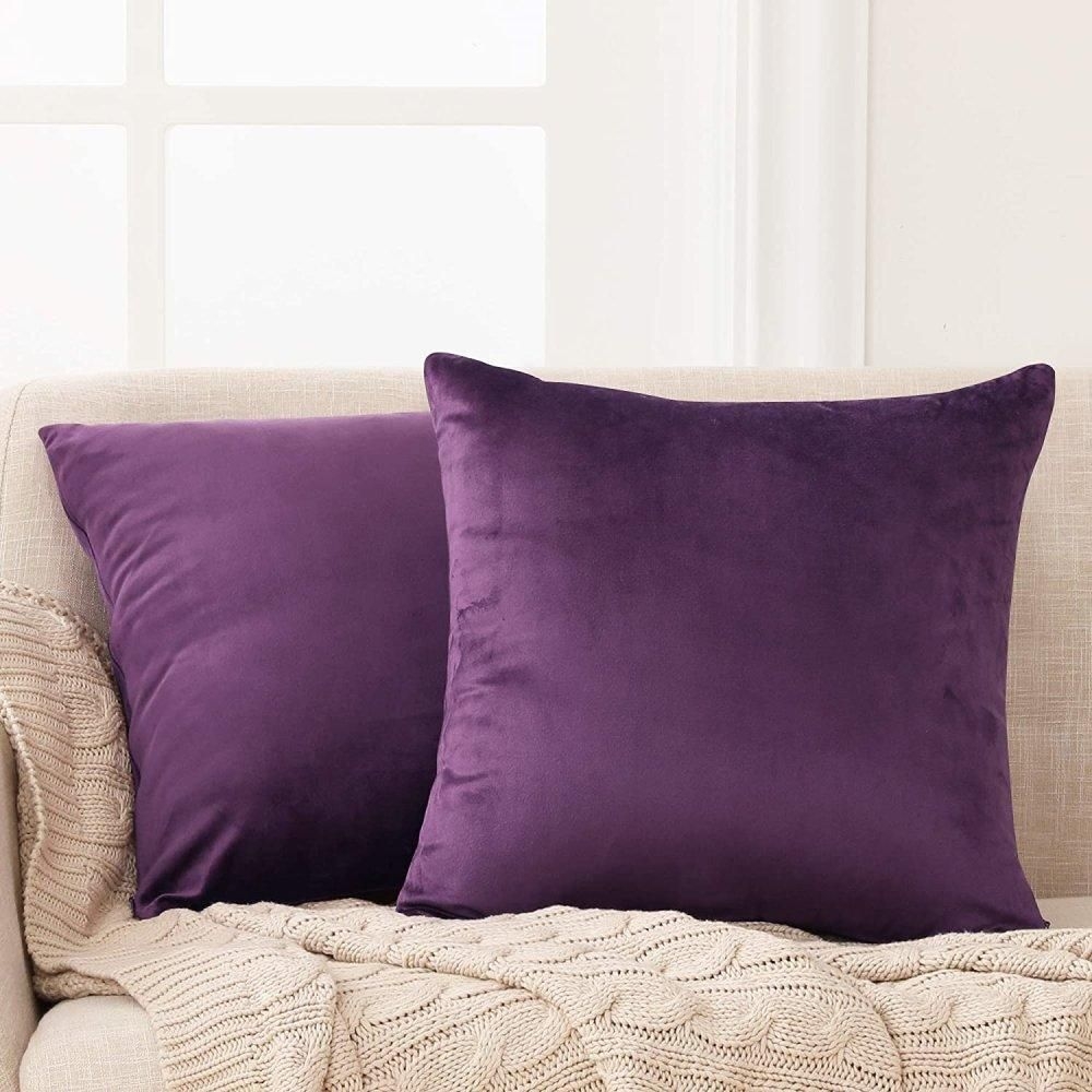 Velvet Cushion Covers - Machine Washable for Couch, Sofa | Invisible Zipper Throw Pillow Cases | Deconovo 2 Pack - Eggplant Purple / 20 x 20