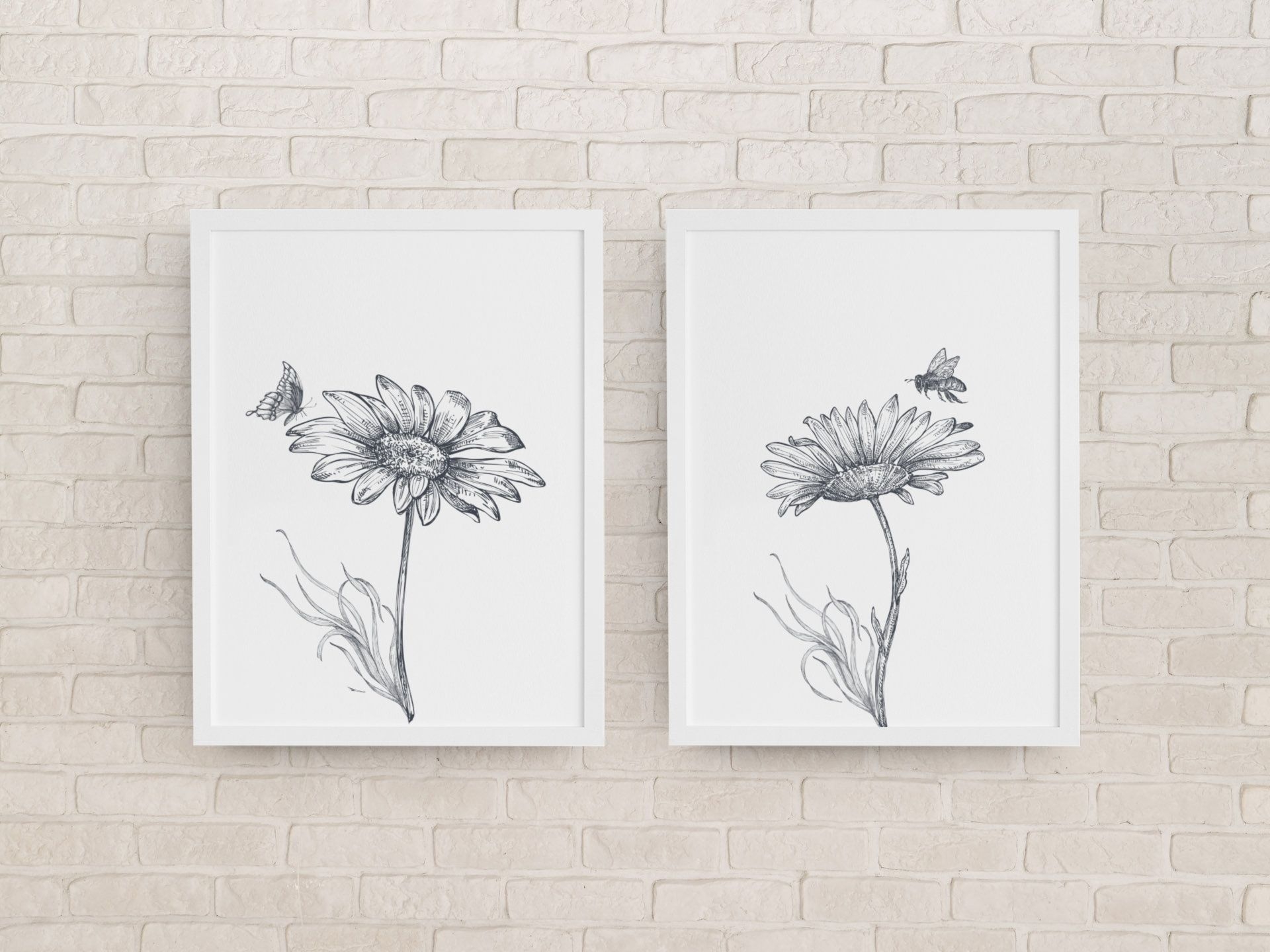 Vintage Butterfly and  Bee Print- digital print - Butterfly & Bee  Flower - set of 2- Wildflower print