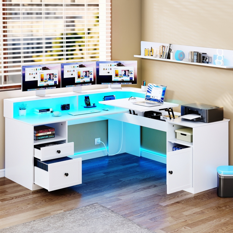 Wade Logan 59'' L Shaped Adjustable Lift Top Desk with LED Lights u0026 Power Outlets