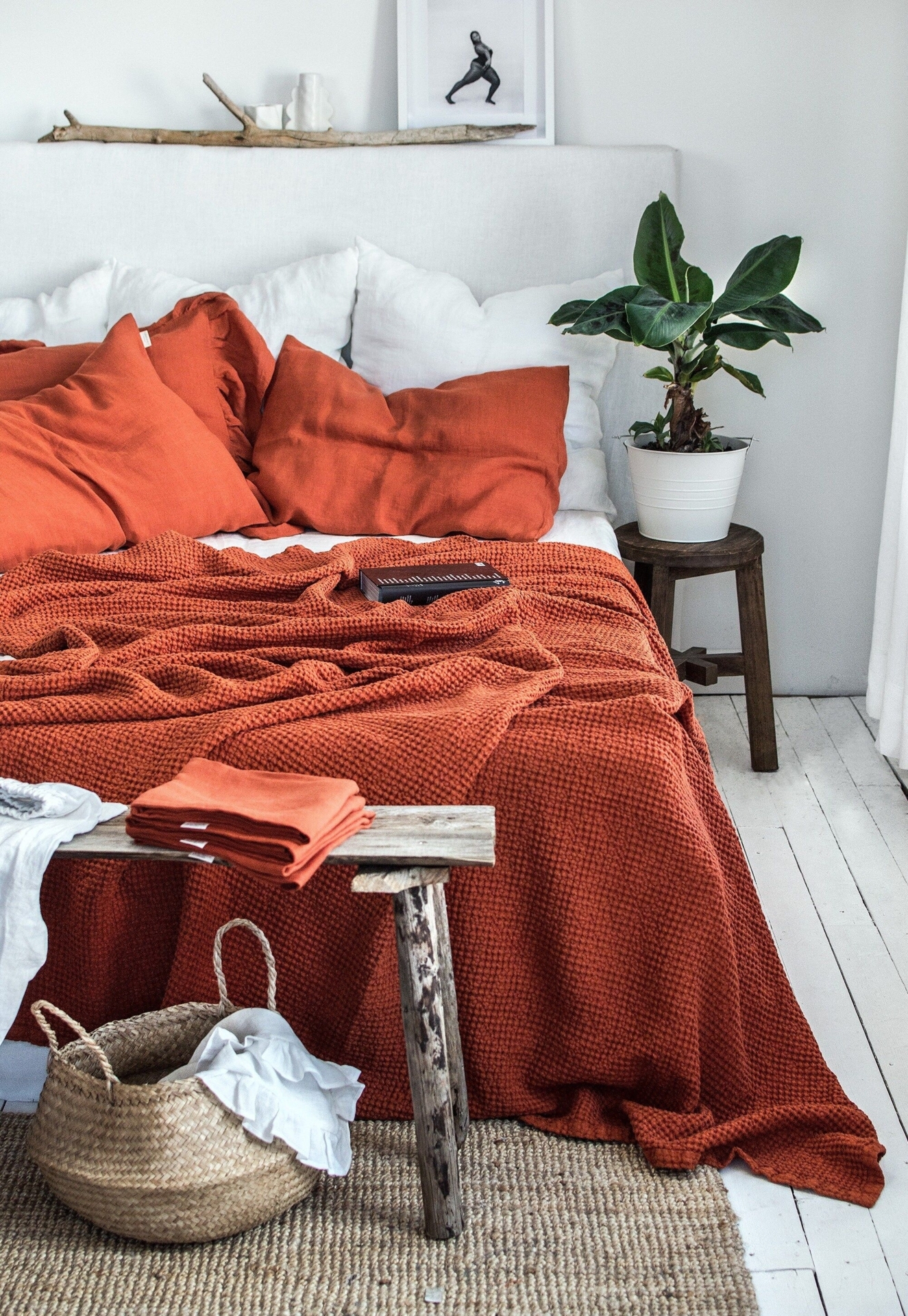 Waffle Blanket in Clay Red. Soft Waffle Throw Blanket. Linen-Cotton Waffle Bed Cover. Red Brick Rustic Waffle Coverlet