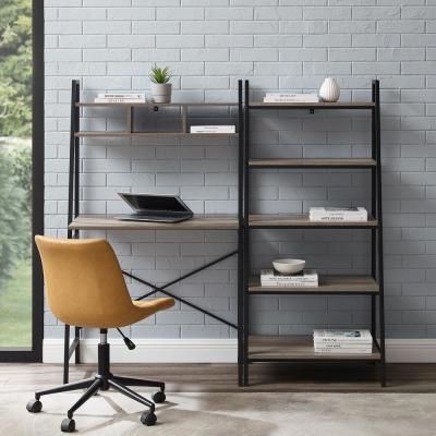 Welwick Designs 56 in H. 2-Piece Grey Wash Wood and Metal Industrial Ladder Office Set