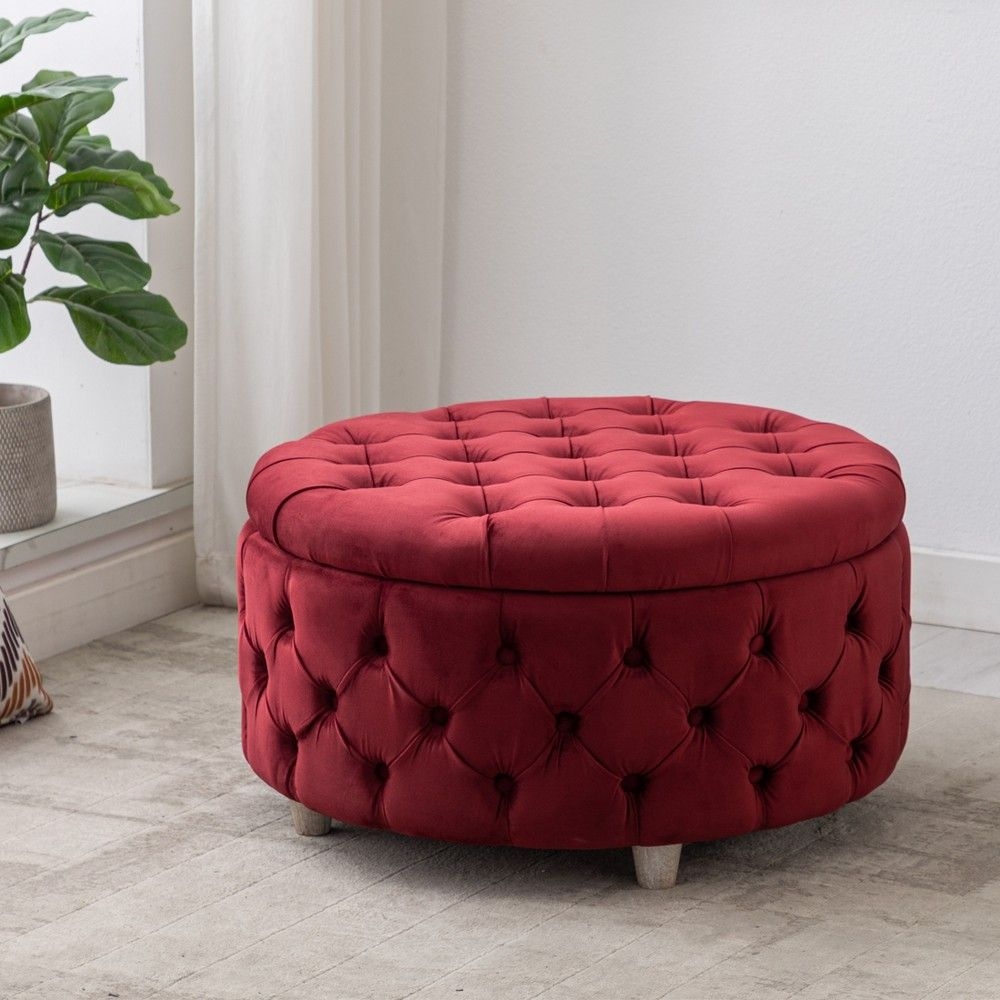 WestinTrends Round Velvet Tufted Storage Ottoman for Living Room Bedroom, Velvet Red