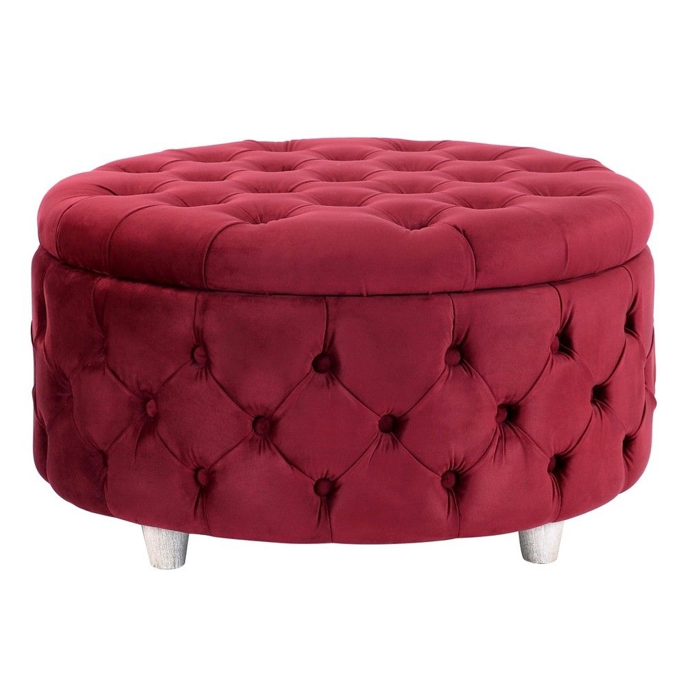 WestinTrends Round Velvet Tufted Storage Ottoman for Living Room Bedroom, Velvet Red