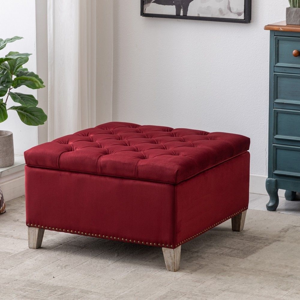 WestinTrends Square Velvet Tufted Storage Ottoman for Living Room Bedroom, Velvet Red