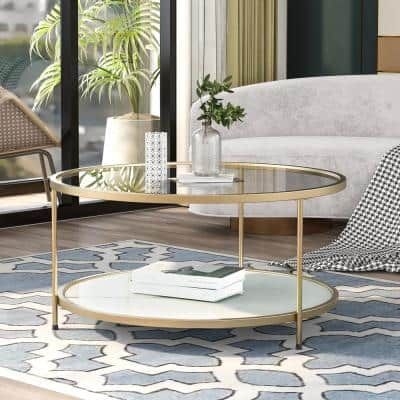 Westsky 33.5" Wide ON-TREND Modern Design Round Gold Coffee Table, Metal With Stained White Tempered Glass Top, 2-Tier End Table