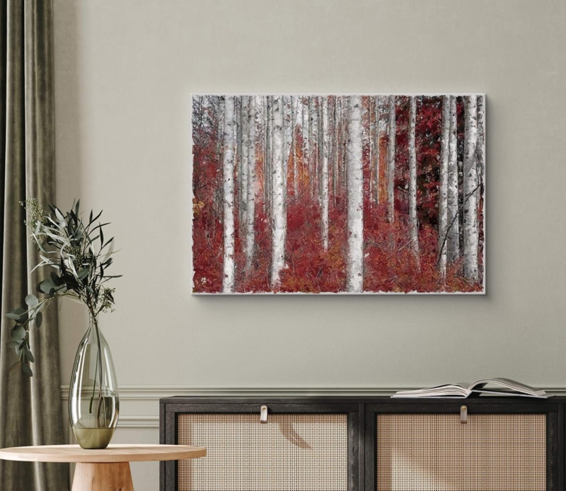 White Birch Trees With Autumn Red Leaves Nature Forest Wilderness Realism Rustic Decor On Canvas Print