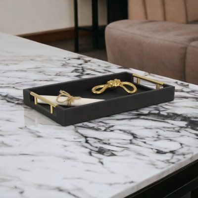 Willa Arlo Interiors Baidy Tray Wood / Leather / Metal in Black | 1.75 H x 15.75 W x 9.5 D in | Wayfair