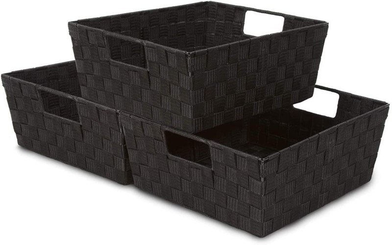Woven Basket Bin Set - Shelf Storage Tote Baskets For Household Items - Stackable With Woven Straps & Built-in Carry Handles