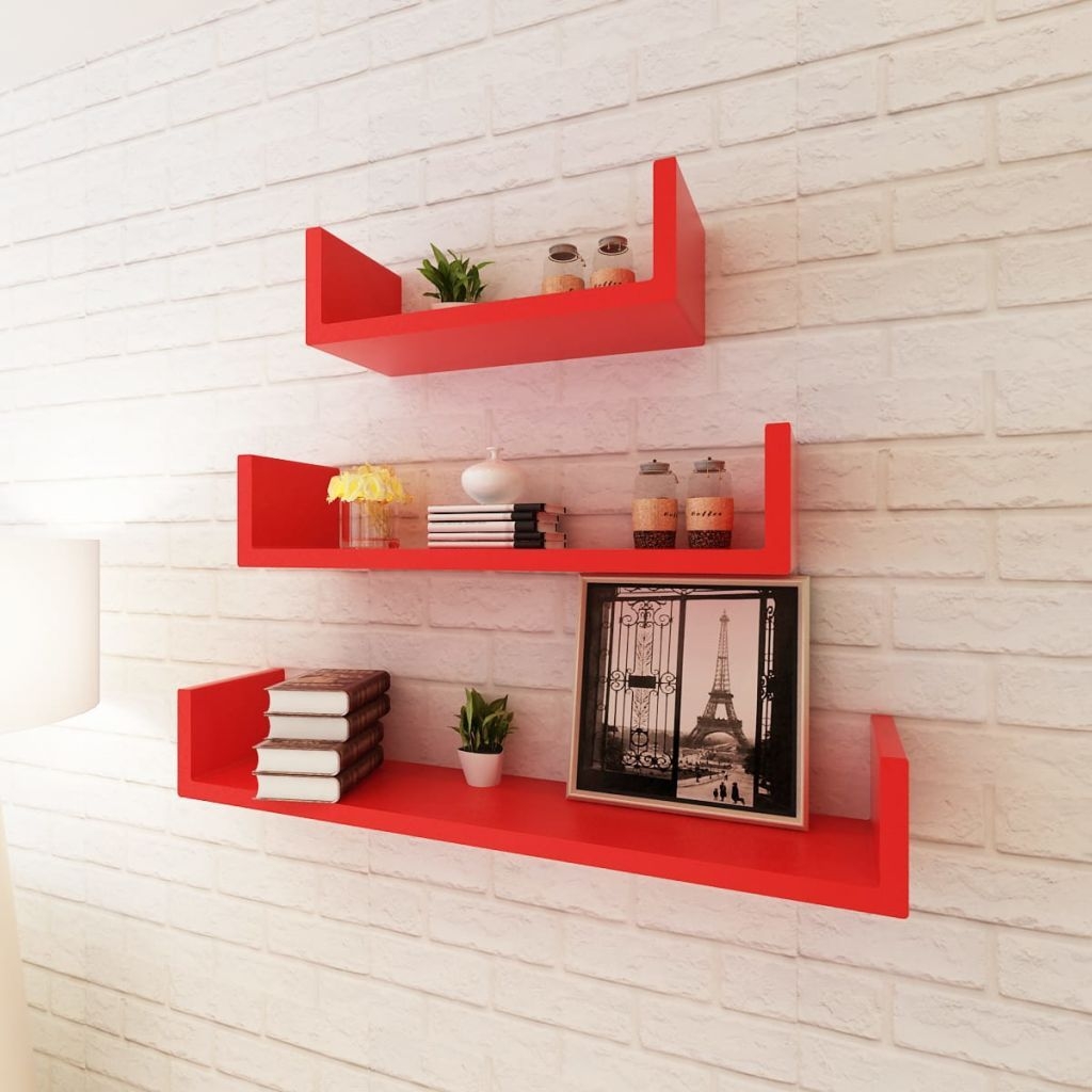 ZNTS 3 Red MDF U-shaped Floating Wall Display Shelves Book/DVD Storage 242176