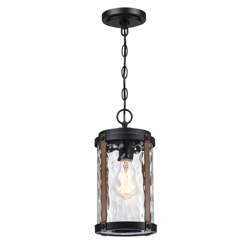 1-Light 14" H Outdoor Pendant Light With Matte Black And Barnwood Accents