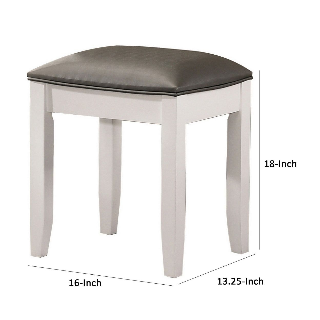 18 Inch Vanity Stool, Foam Cushion, White Frame, Metallic Gray Faux Leather - Saltoro Sherpi