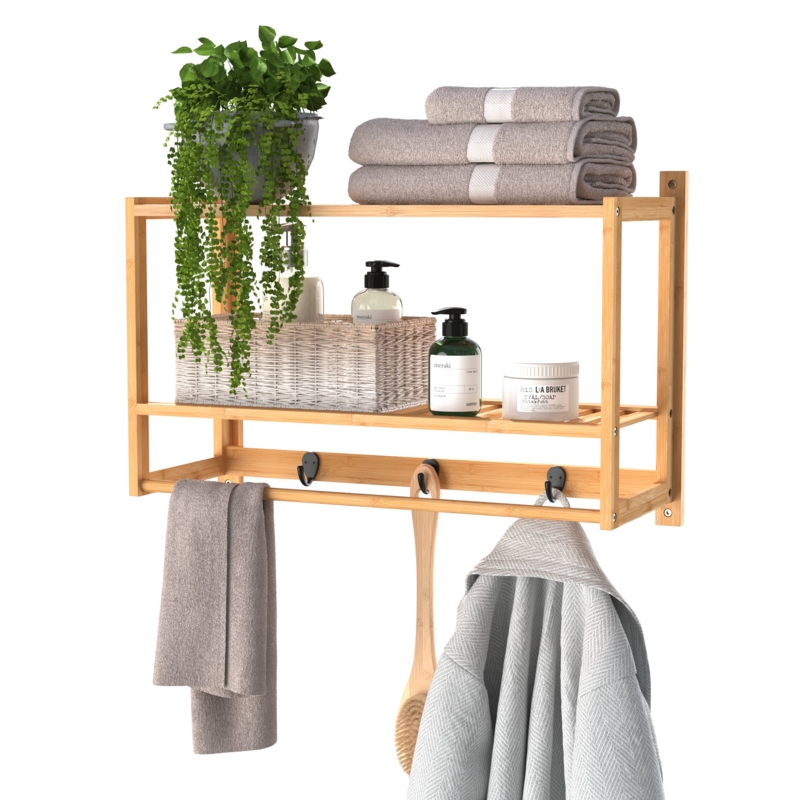 2 Piece Bamboo Solid Wood Accent Shelf with Towel Bar