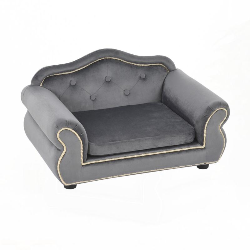 27" Pet Sofa, Wooden Frame And Velvet With Buttons And Beige Rope Lines (Gray)