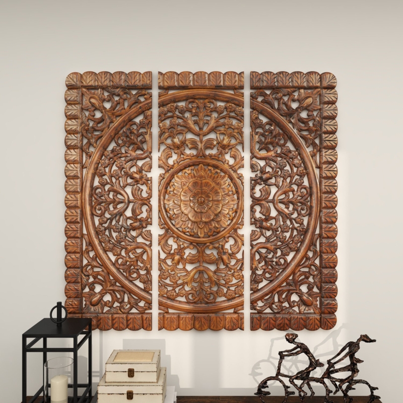 3 Pieces Brown Wood Handmade Intricately Carved Floral Wall Decor with Mandala Design 48"H, 48"W