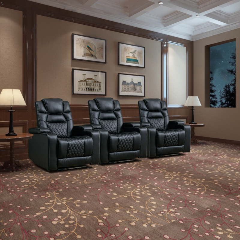 36" Wide Vegan Leather Home Theater Recliner with Cup Holder, USB Port and LED Light (Set of 3)