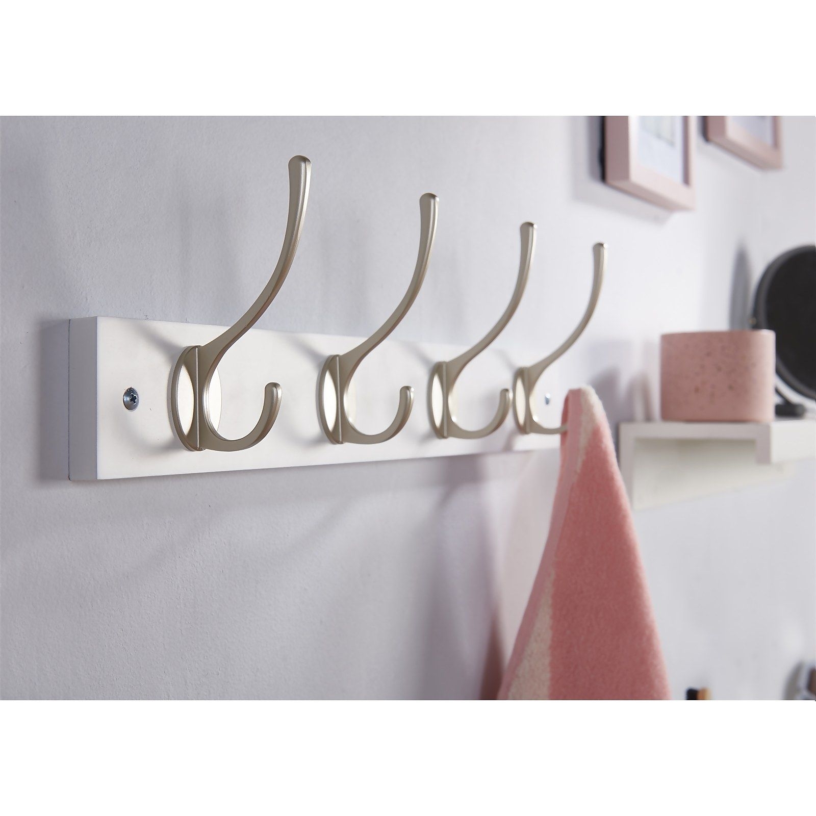 4 Victorian Satin Nickel Hooks on White Bloc Board