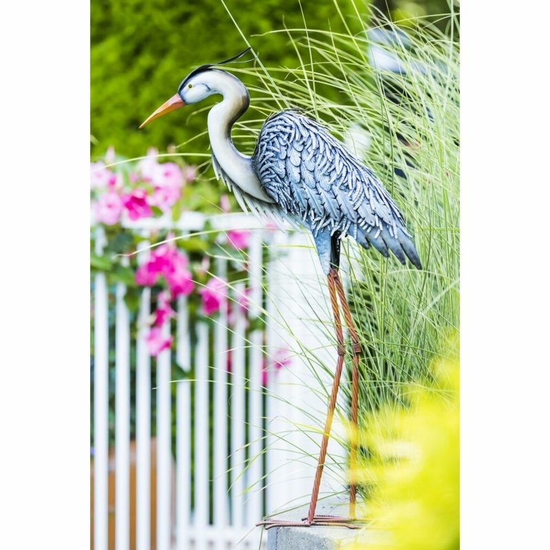 46"H Metal Grey Heron Garden Staked Bird Statuary