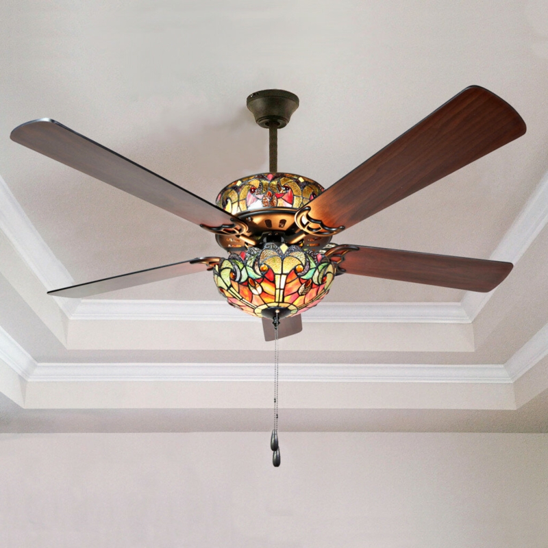 52" Ummuhan 5 - Blade Hand-Soldered Stained Glass Ceiling Fan with Pull Chain