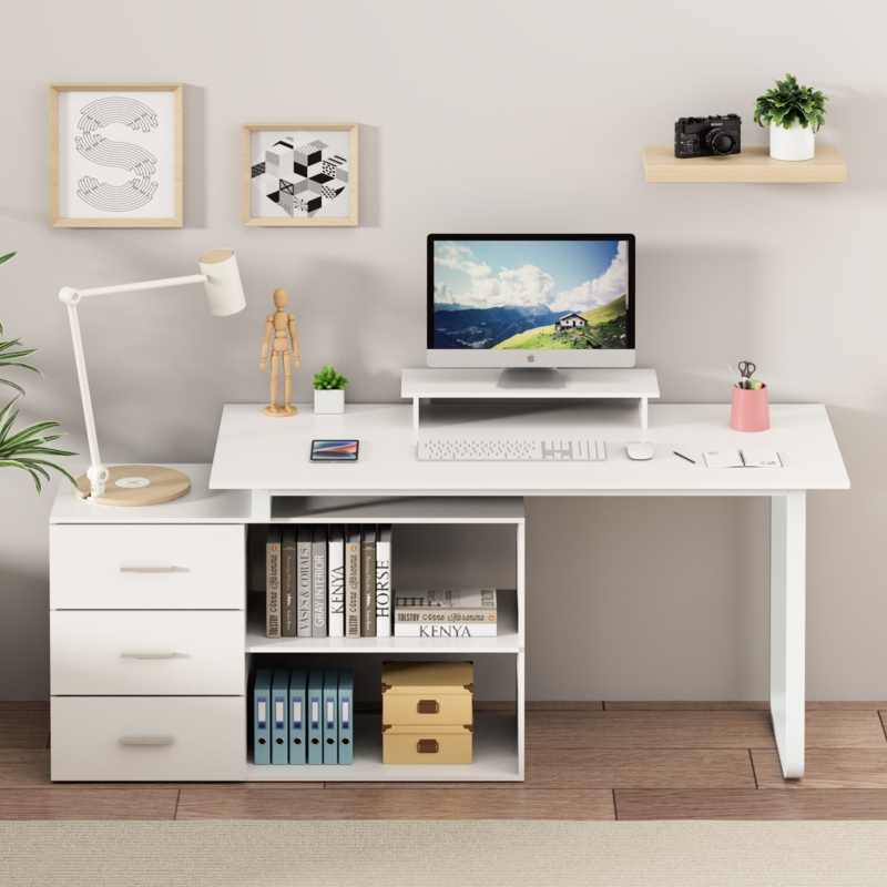 54'' W Reversible L-Shaped Desk with Computer Monitor Riser Stand