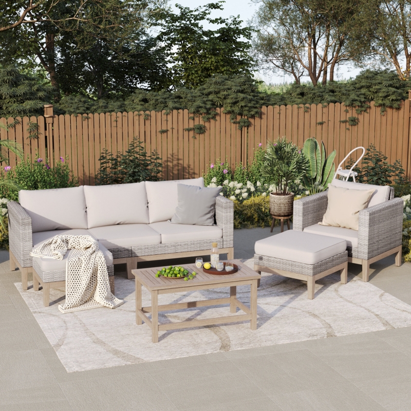 6-Person Outdoor Patio Conversation Furniture Set with Acacia Wood Coffee Table