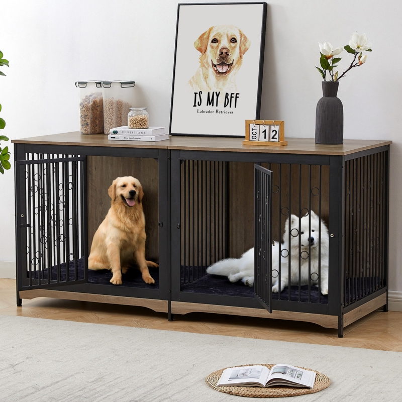 70.86'' Dog Crate Furniture Large Breed Tv Stand With Cushion & Double Rooms