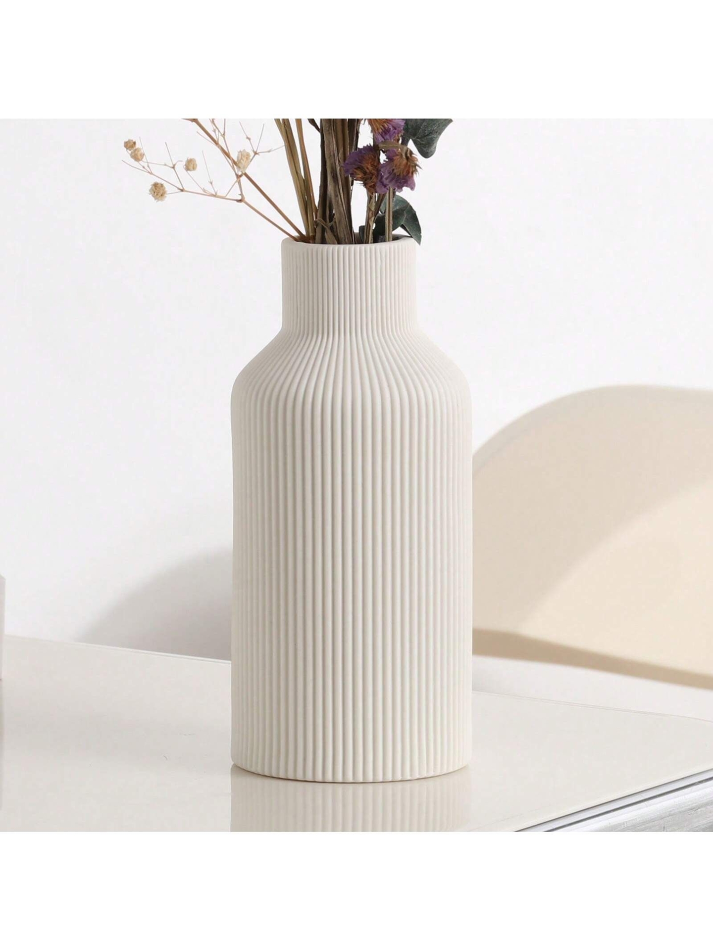 8 Inch White Ceramic Flower Vase, Minimalist Modern Home Decor, Small Pampas Grass Vases For Table, Shelf Bookshelf, Mantel, Entryway And Centerpieces