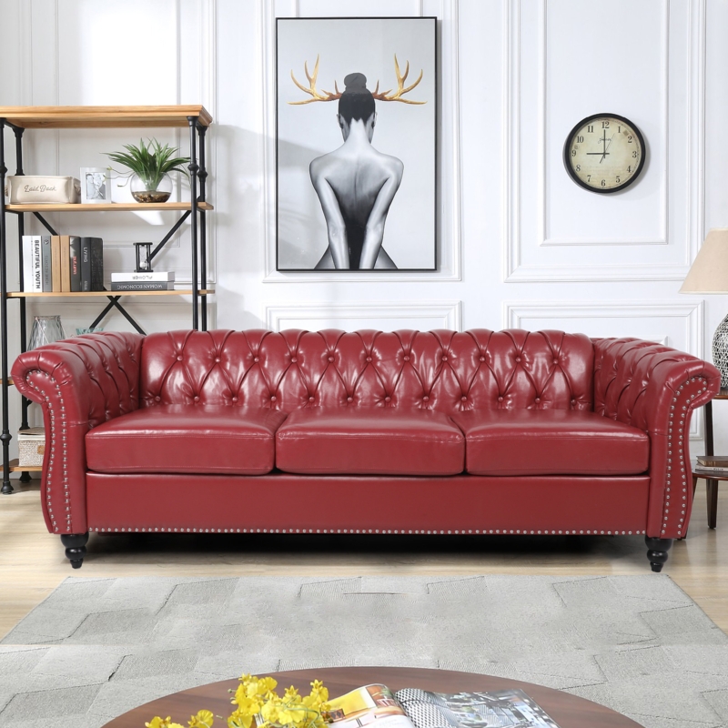 84.5" Faux Leather Rolled Arm Chesterfield Sofa