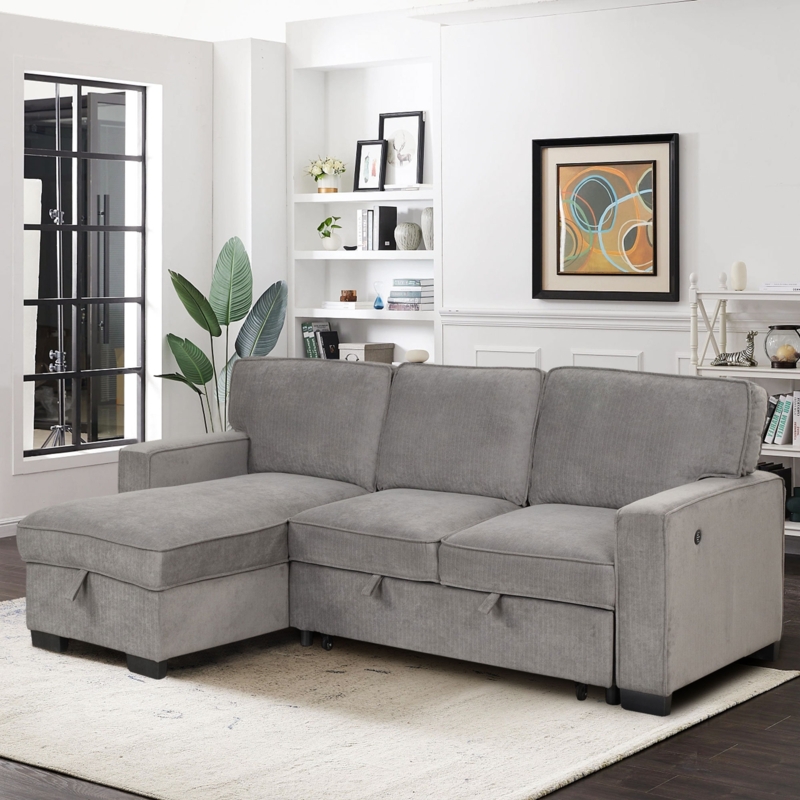 90'' Wide Chenille L-shaped Upholstered Sectional Sleeper Sofa Bed with Hidden Storage and USB