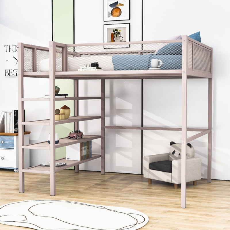 Aftina Twin Size Metal Loft Bed with Shelves, Ladder And Slats