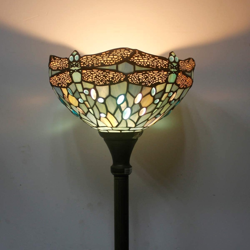 Ailan Tiffany Floor Lamp Sea Blue Stained Glass Dragonfly Light 12X12X66 Inches Pole Torchiere Standing