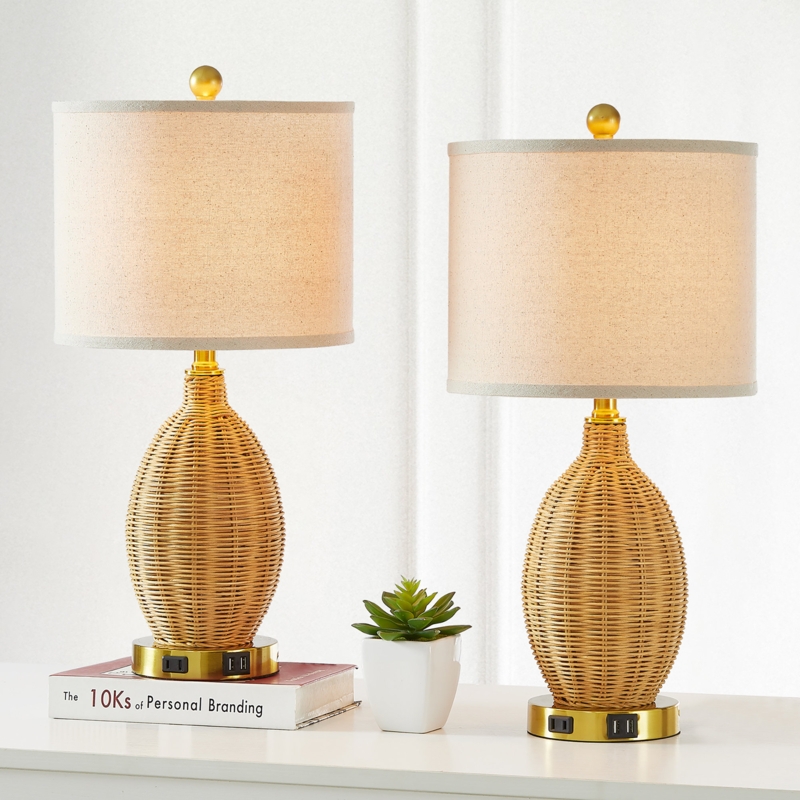 Allice 22.8 in. Bamboo Table Lamp Set with Dual USB Ports and Built-In Outlets (Set of 2)