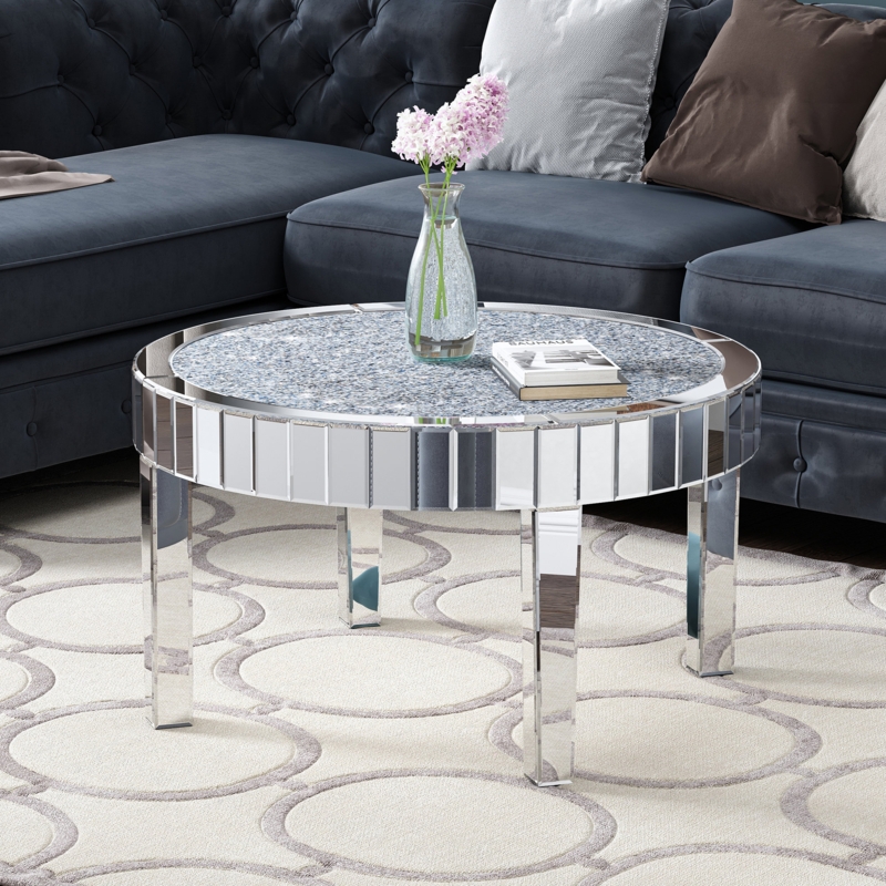 Amla Round Coffee Table Mirrored Diamonds Inlay