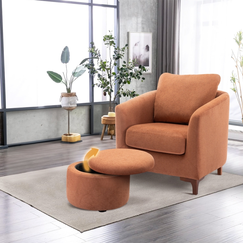Amold Upholstered Barrel Accent Armchair With Storage Ottoman and Pillow