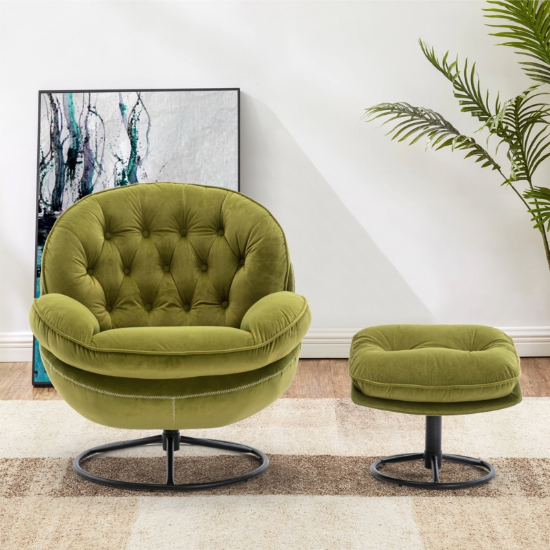 Anouk Tufed Back Olive Type Swivel Base Accent Chair With Ottoman