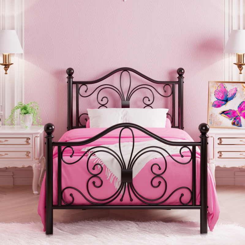 Anterrio Metal Open-Frame Bed with Butterfly Pattern Design Headboard and Footboard