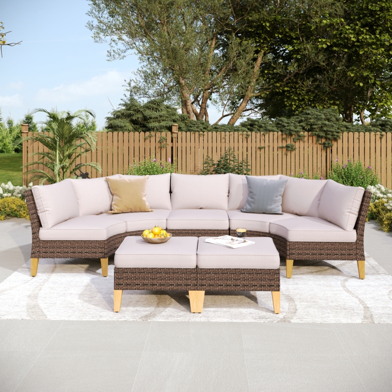 Argyri 7 Piece Wicker Outdoor Patio Furniture Set, Stylish Rattan Sectional Patio Set with Beige Cushions