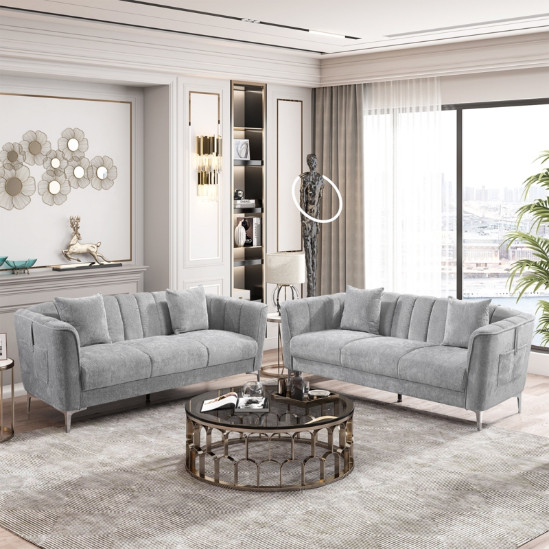 Arrianne 77.2"W Chenille 3-Seater Sofa with Pockets and Pillows, Solid Wood Couch