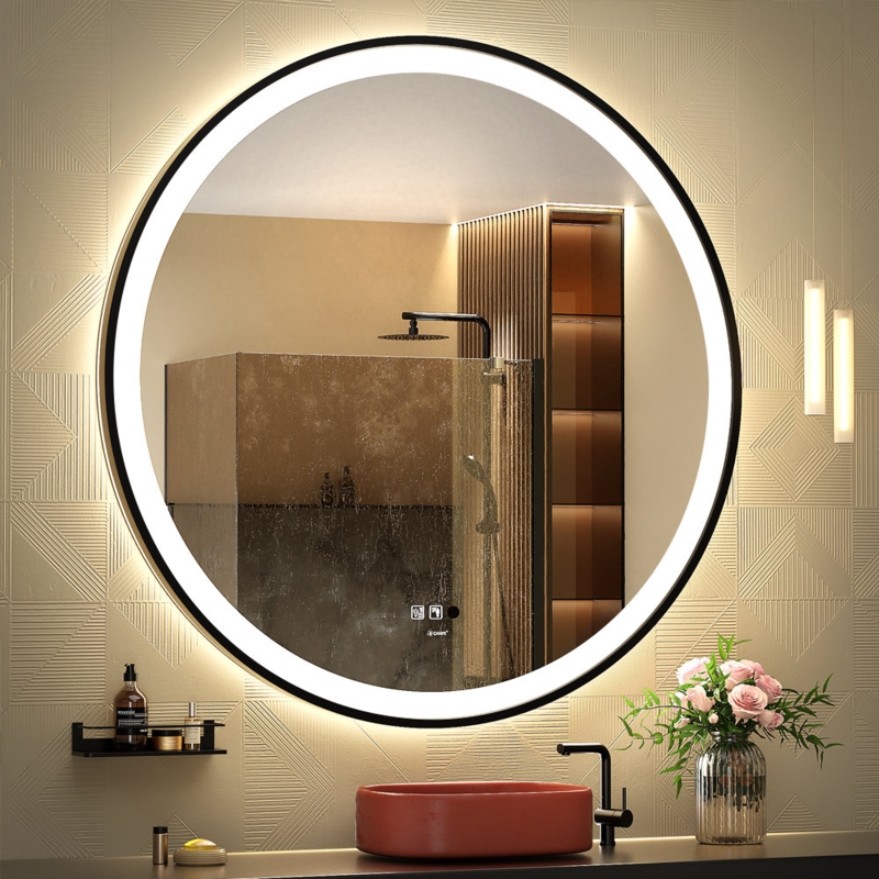 Balig Round Black Illuminated Dimmable LED Anti Fog Mirror Bathroom Vanity Mirror with Motion Sensing