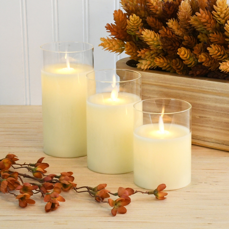 Battery Operated Glass Hurricane LED Candles with Moving Flame