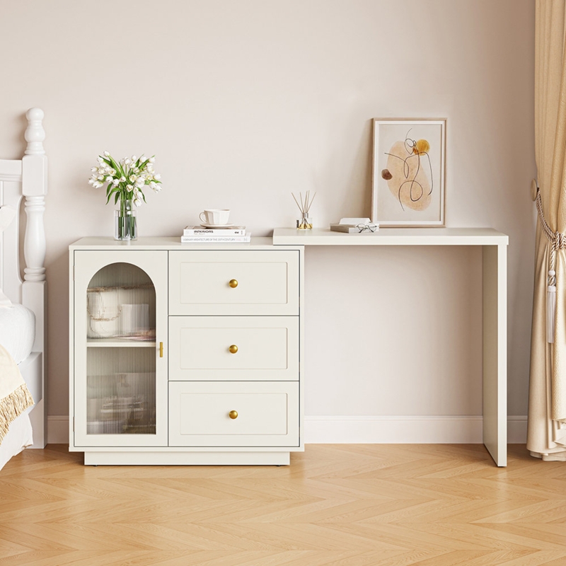 Bautram Extendable Makeup Vanity Table with 3 Drawers and Acrylic Door