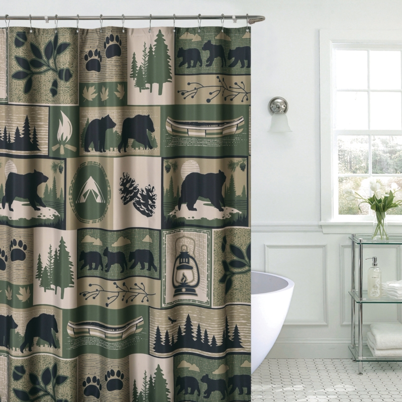 Bear Camp Patchwork Black Bear Woodland Forest Camping Themed Decorative 72" Shower Curtain
