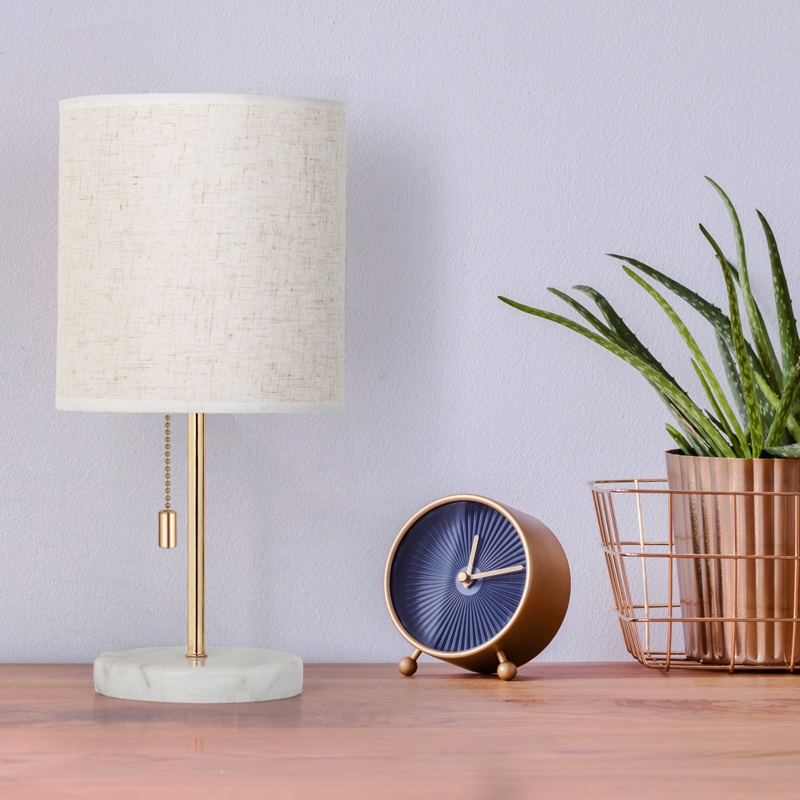 Bedside Table Lamp with Marble Base and Fabric Linen Shape for Bedroom, Dormitory and Living Room