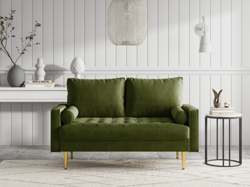 Bellinger 58" Velvet Square Arms Tufted Seat Golden Metal Feet Sofa Loveseat