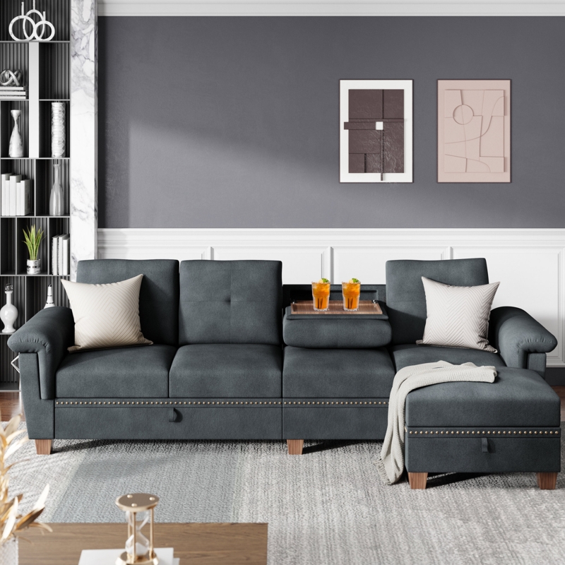 Bergvin 107.9" Upholstered Sofa Sectional with Cup Holder and Storage