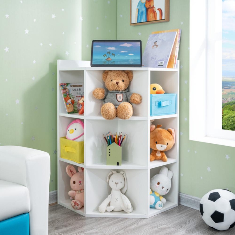 Birta Corner Cabinet with USB Ports and Outlets, 9 Cube Storage Cabinet for Playroom, Living Room