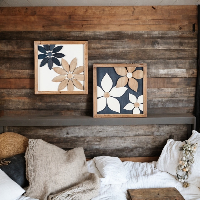 Blue and Brown Flower Wood Wall Decor, 2 Pieces