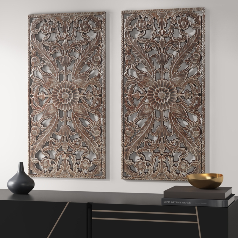 Botanical Distressed Carved Wood Wall Dcor (Set of 2)